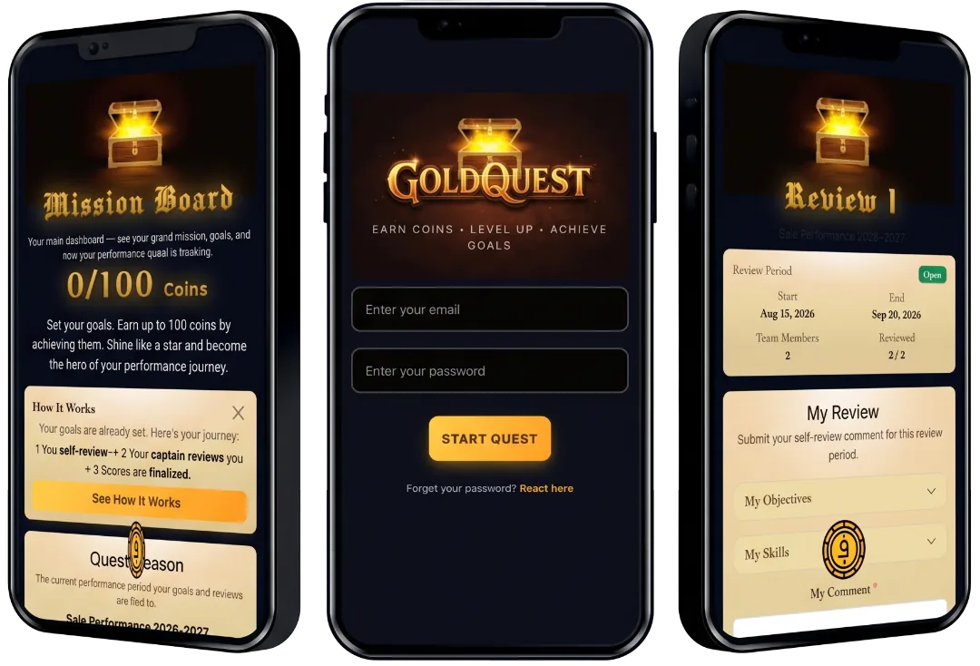 GoldQuest quest season dashboard showing coin scores, squad progress and goal completion